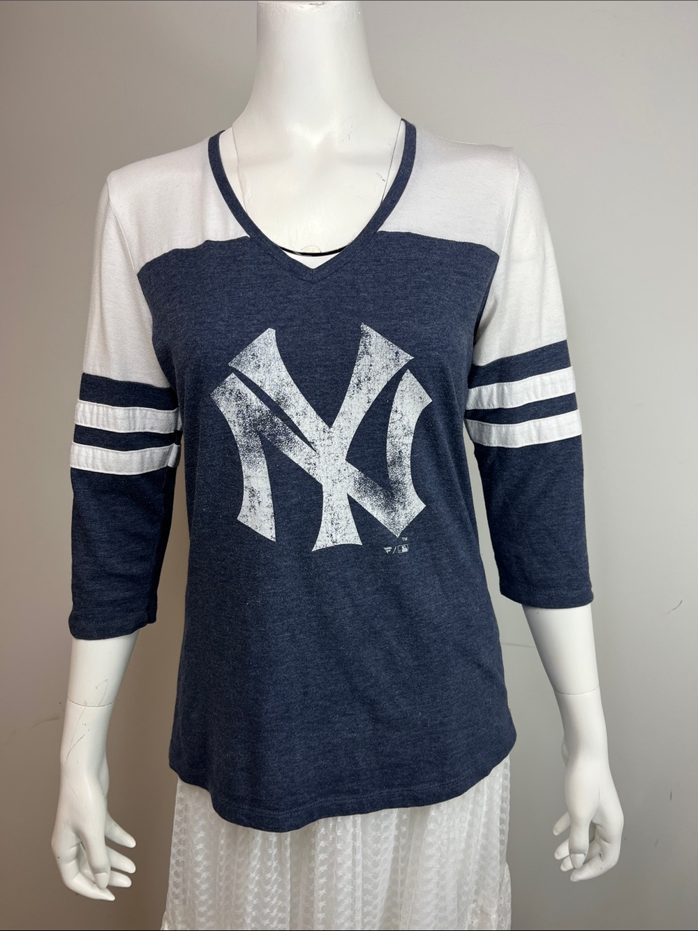 Fanatics Navy & White V-Neck Baseball Tee with NY Logo